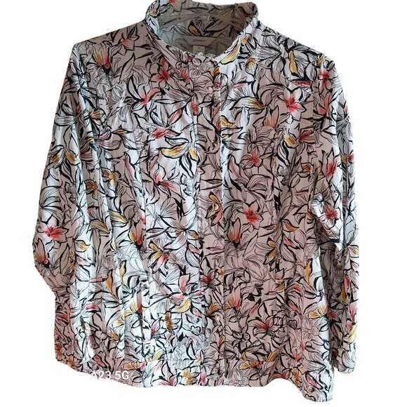 Floral Print Button-Up Shirt By CJ Banks In 2X Size 100% Cotton Comfortable Fit - Picture 1 of 6